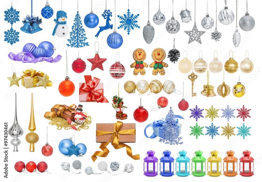 Big set of Christmas baubles for Christmas tree, pine, spruce, balls, snowflakes, bells, reindeer, snowman, gift, tip, top, key isolated on white