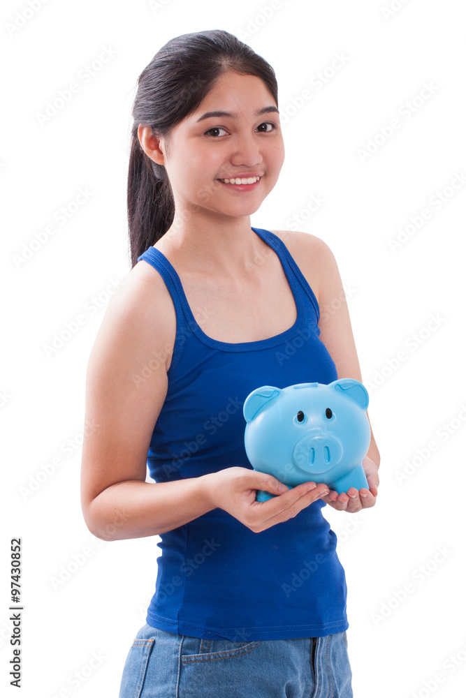 Happy young woman with piggy bank on white background Happy young woman with piggy bank on white background