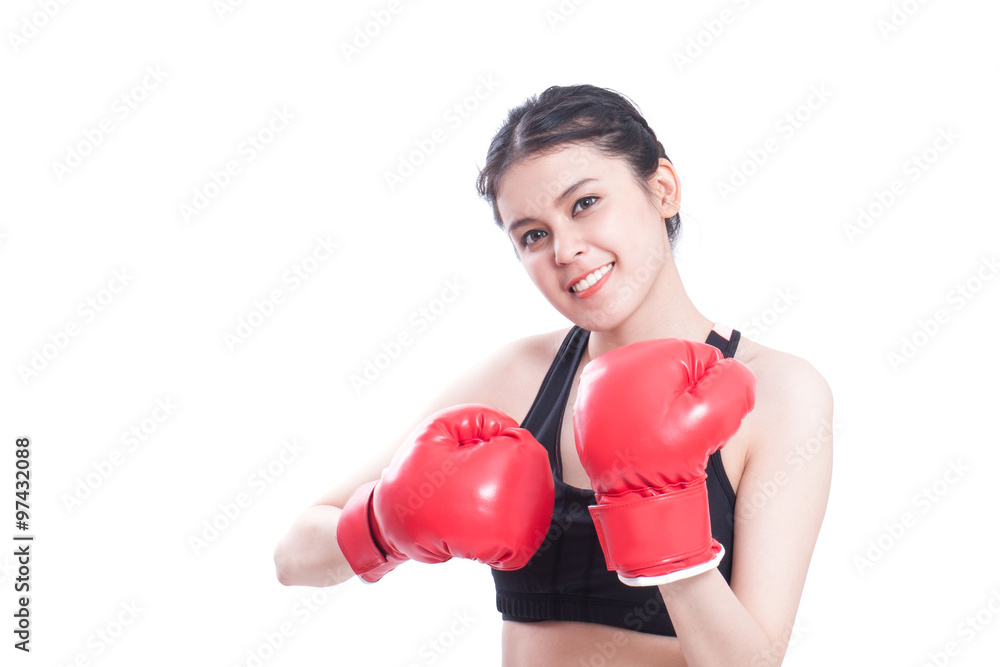Boxer - fitness woman boxing wearing boxing gloves on white background. Boxer - fitness woman boxing wearing boxing gloves on white background.