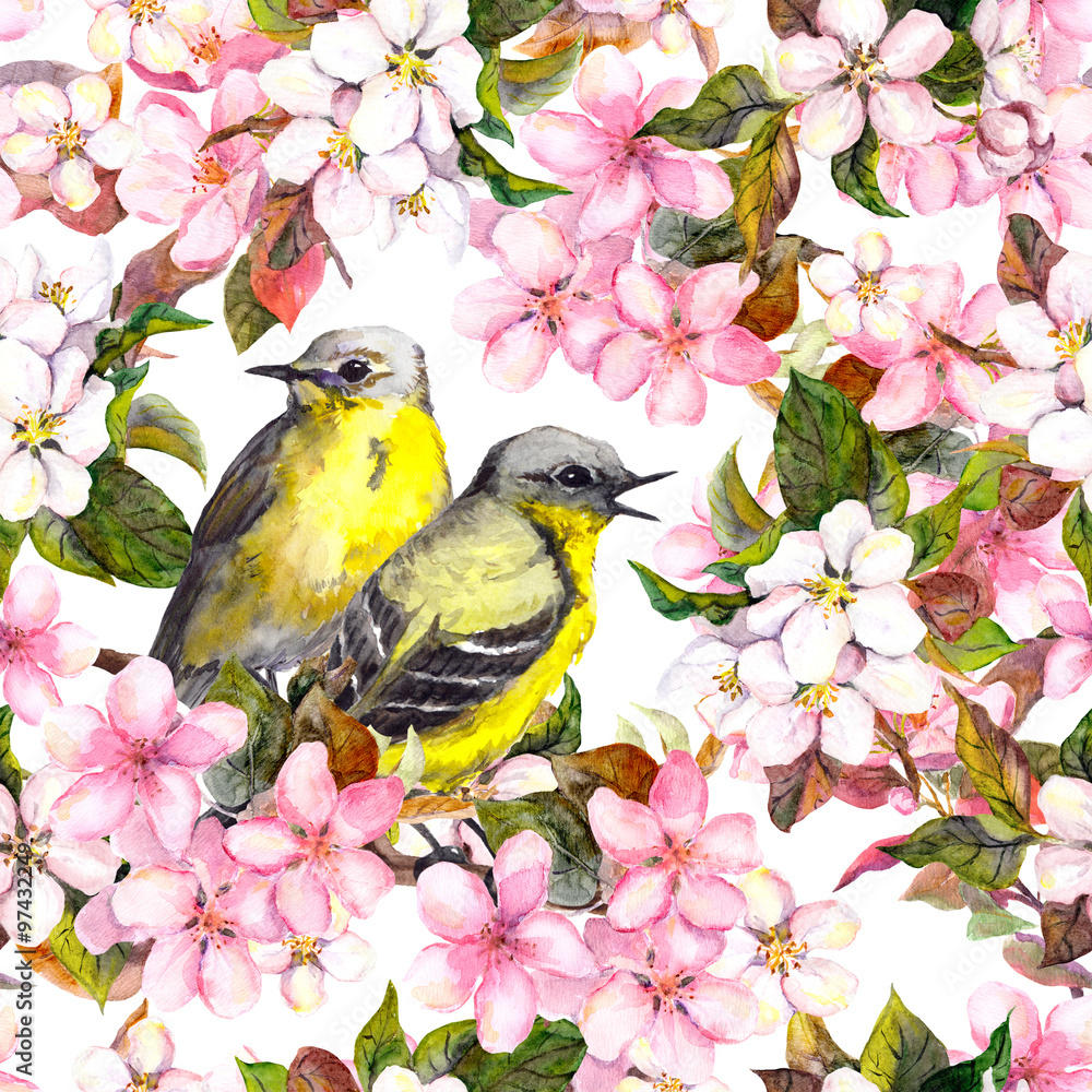 Seamless repeated floral pattern - pink cherry sakura and apple flowers. Watercolor Seamless repeated floral pattern - pink cherry sakura and apple flowers. Watercolor