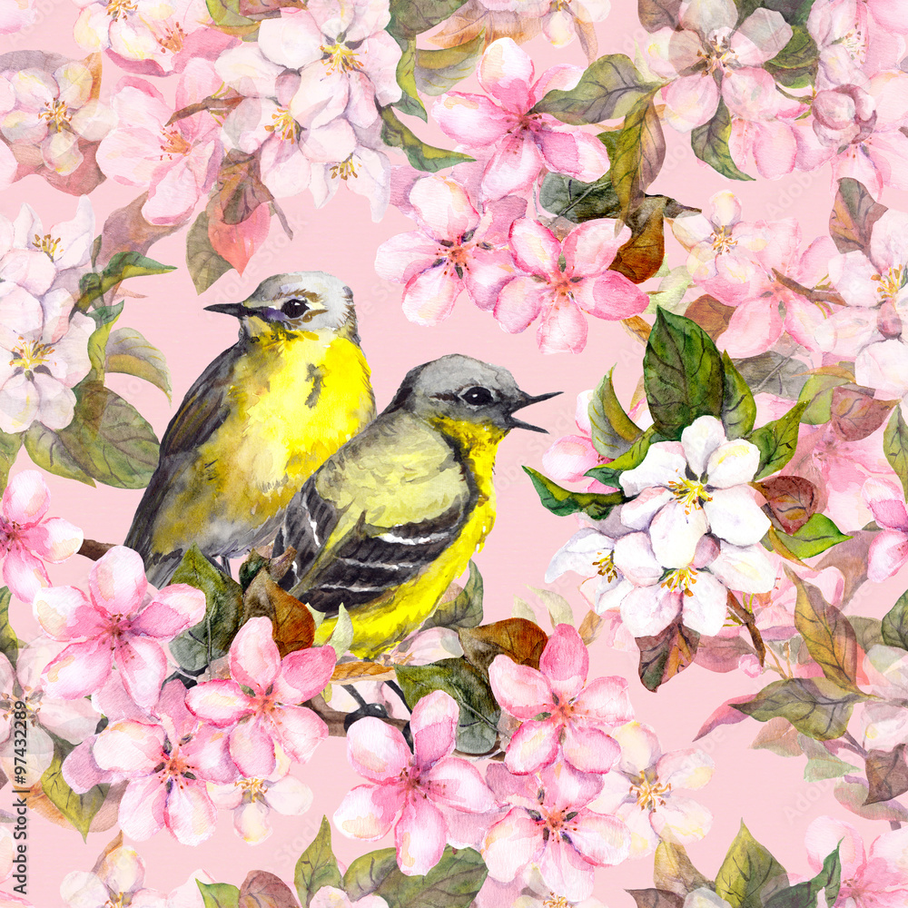 Seamless repeated floral pattern - pink cherry, sakura and apple flowers with birds. Watercolor Seamless repeated floral pattern - pink cherry, sakura and apple flowers with birds. Watercolor