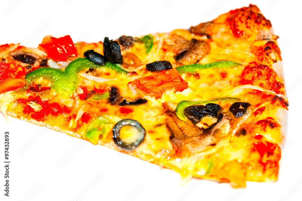 Slice of vegetarian pizza closeup Slice of vegetarian pizza closeup