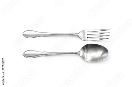 silver spoon and fork horizontal alignment isolated in white background
