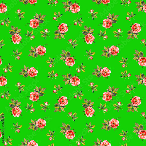 Bright seamless pattern with small roses in colorful green background 