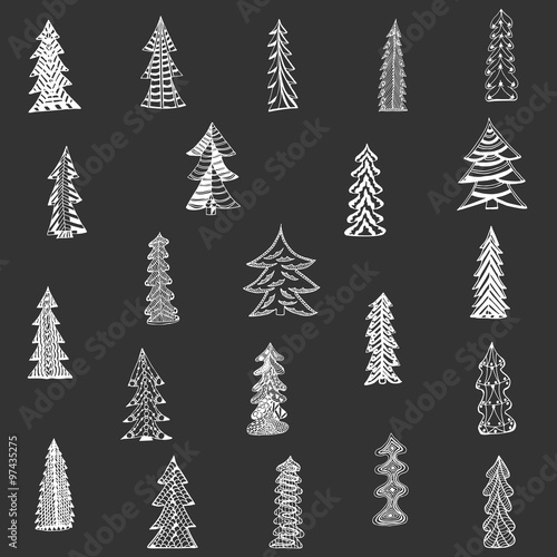 Doodle Christmas Tree Set on black Background