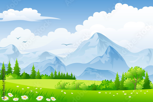 Summer landscape with meadows and mountains
