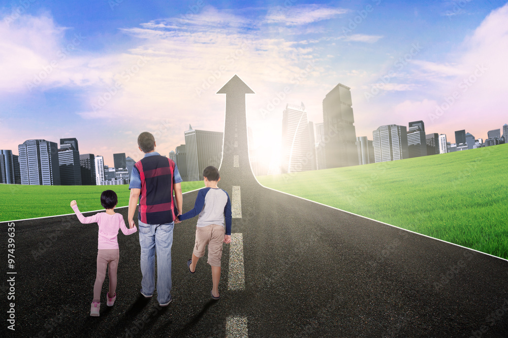 Fototapeta premium Kids and dad walking on the road with upward arrow