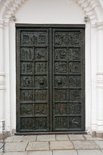 Ancient bronze doors. Magdeburg doors of Sofia’s Cathedral in Velikiy Novgorod
