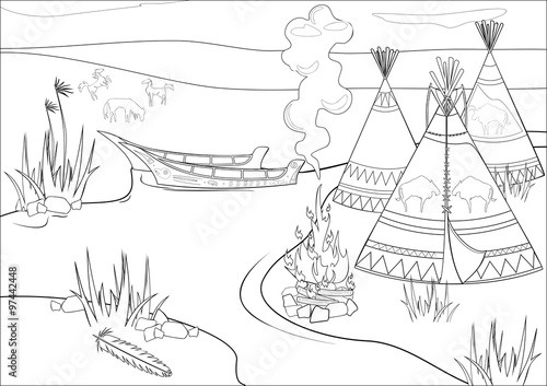 Coloring with halt Indians in prairie