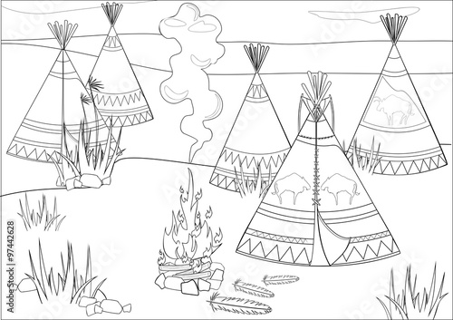 Coloring with halt Indians in prairie photo
