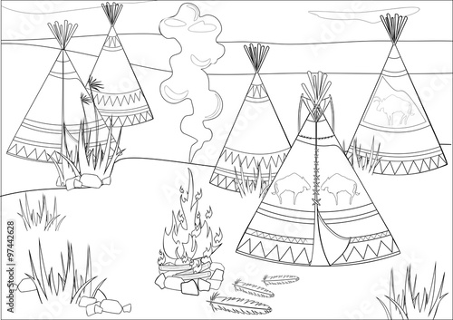 Coloring with halt Indians in prairie