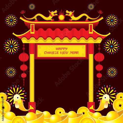 Chinese New Year, Chinese Gate at Night with Fireworks, Traditional Celebration, China