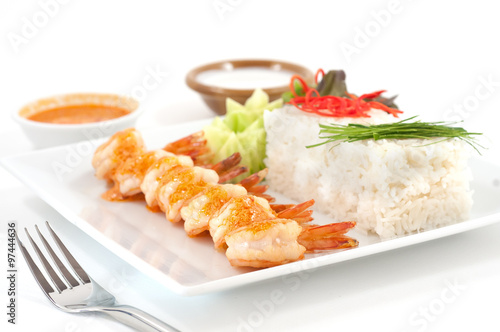 Grilled prawns with steamed rice isolated on white