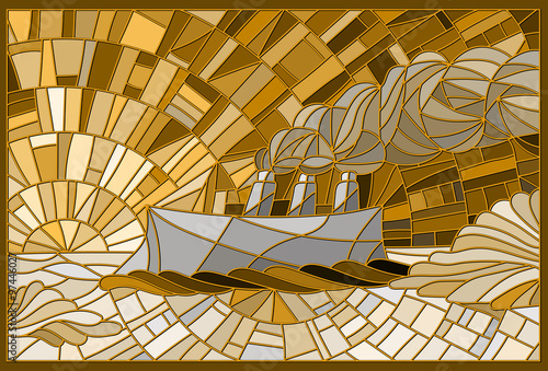 Abstract landscape in the style of stained glass with the steamer on a sky background, ice and sun. Gold version