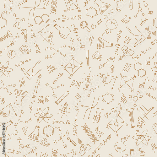 Seamless pattern with formulas,graphs, and equipment as the subject of chemistry in sepia