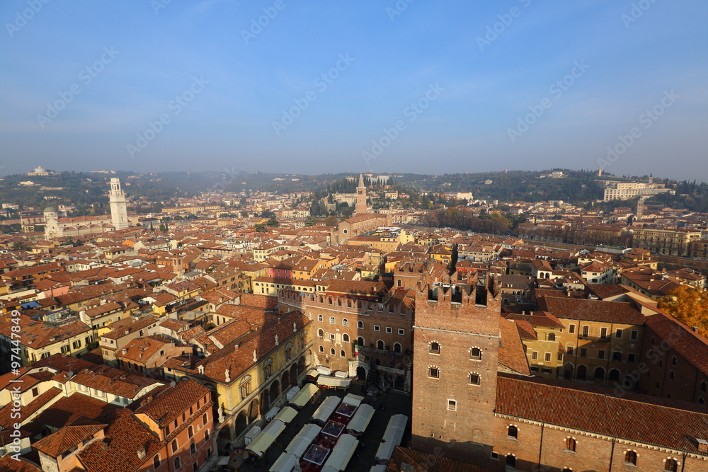 Roofs of houses and towers of the Italian Verona from the observation deck