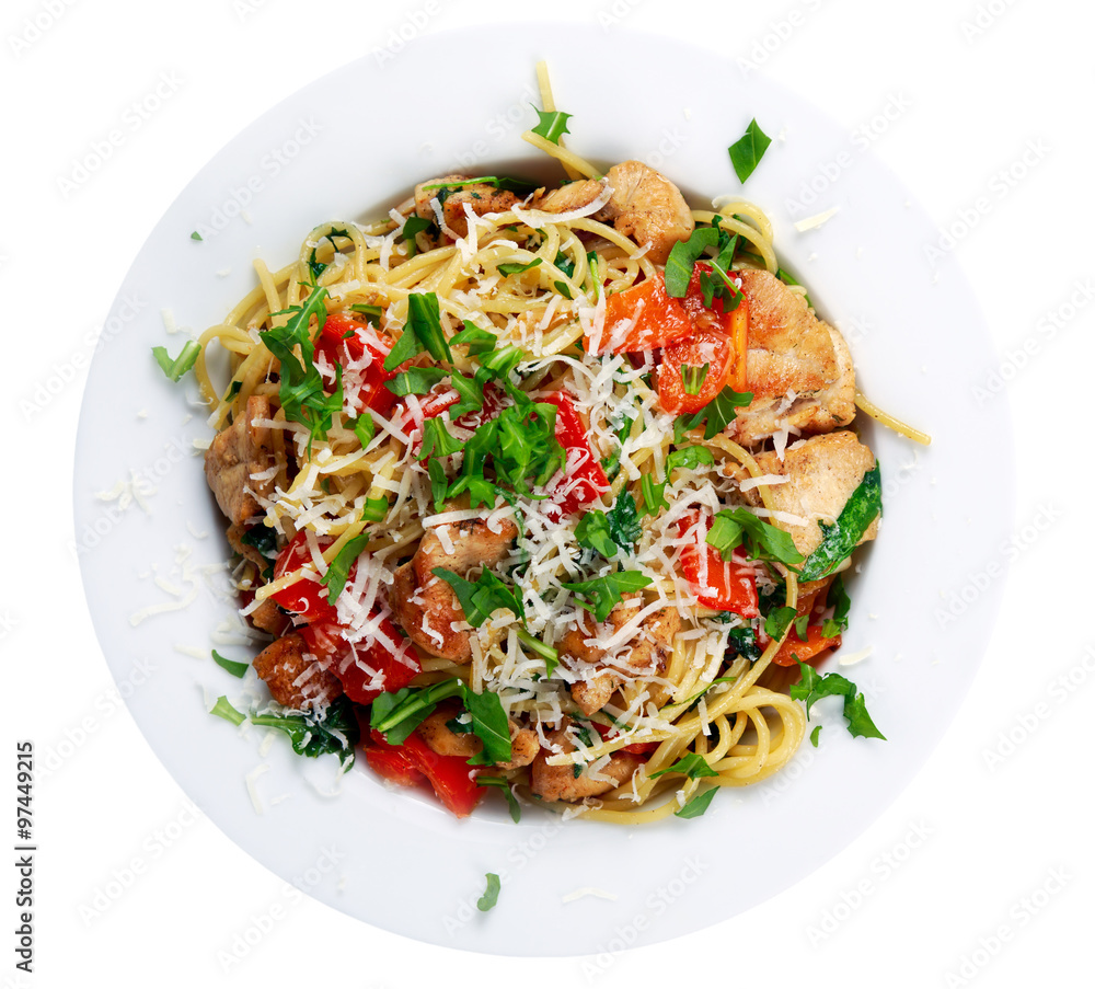 Italian Chicken Breast spaghetti with red pepper, Parmesan cheese and wild rocket  lives. isolated on white