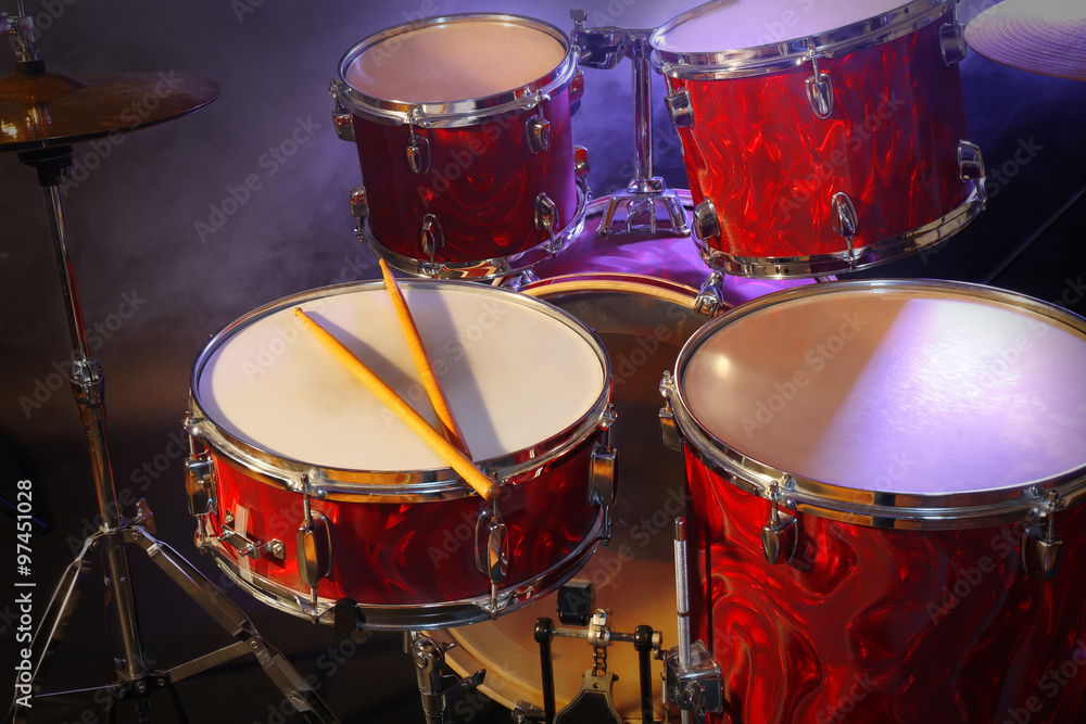 Drums set and sticks, close-up Drums set and sticks, close-up