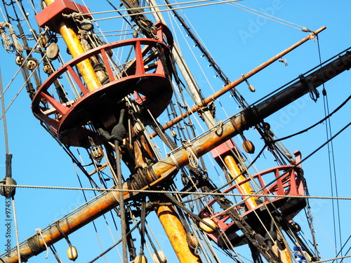 The Golden Hinde is docked at the side of the River Thames, London, England, UK. It is a full sized exact replica of Sir Francis Drake's 16th Century photo