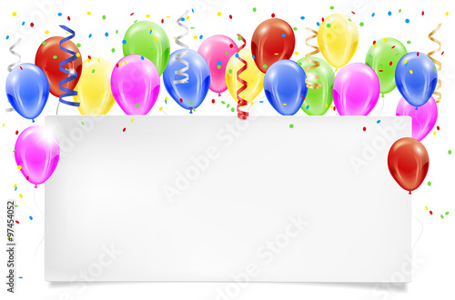 Party paper invitation with balloons and confetti flying