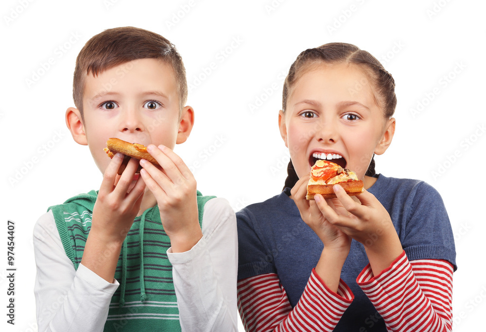 Children eating pizza isolated on white