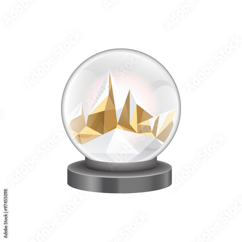 Illustration with origami mountain inside snow globe