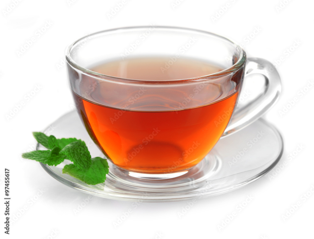 Glass cup of tea with mint leaves isolated on white background Glass cup of tea with mint leaves isolated on white background
