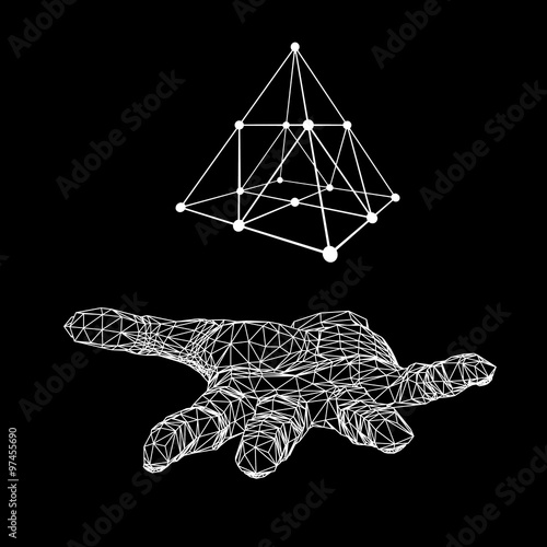 triangle pyramid on the arm. The hand holding a pyramid. Polygon triangle. Polygonal hand. The shadow of the objects in the background