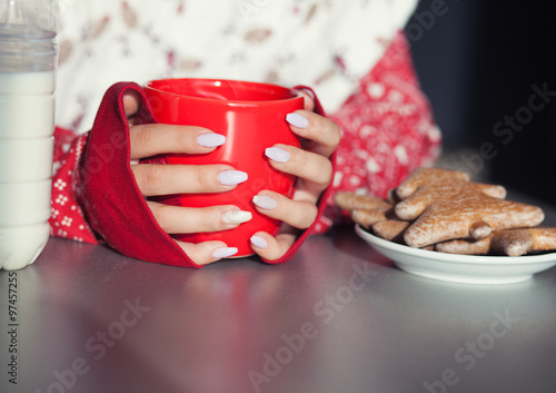 Close up of woman's hands holding cup of hot coffee drink. Christmas gingerbread on the table. Winter chill out and lifestyle concept