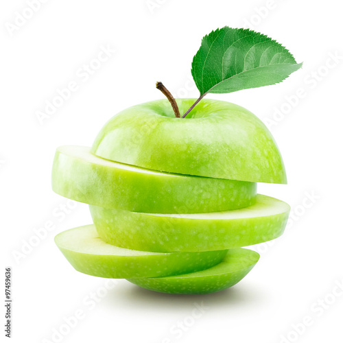 Stack of sliced green apple isolated on white