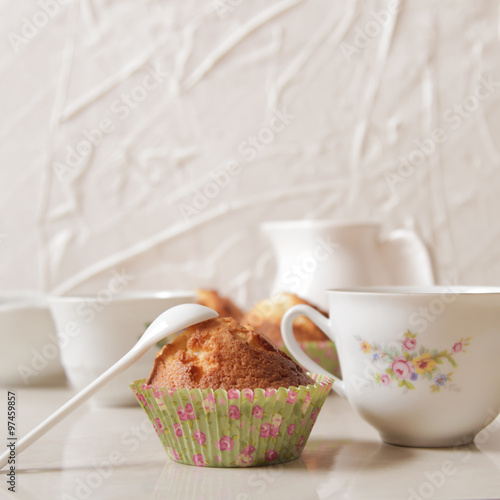 delicious lemon muffins with tea and coffee romantic mood