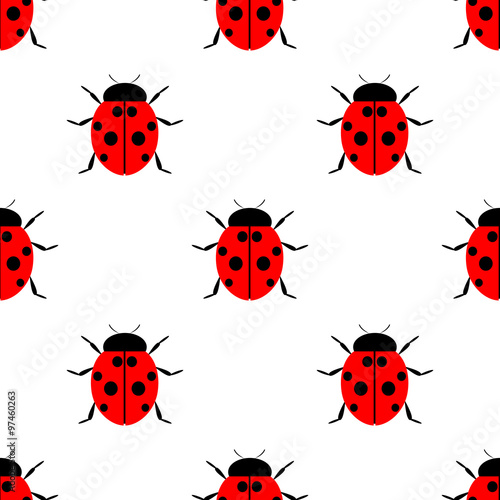 Seamless vector pattern with insects, symmetrical  laconic background with bright ladybugs, over white backdrop