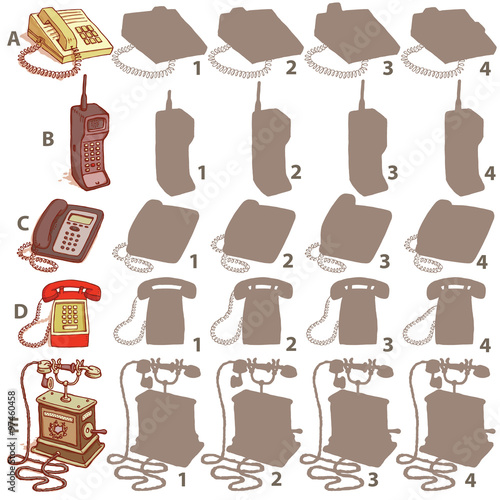 Telephones Shadow Visual Game. Solution: A2,B4,C1,D3,E4.