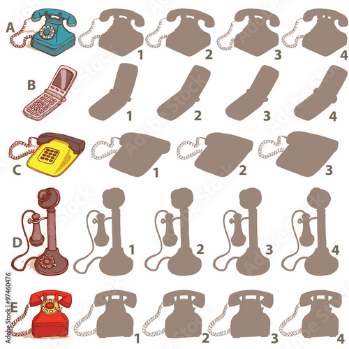 Telephones Shadow Visual Game. Solution: A1,B3,C2,D2,E4.