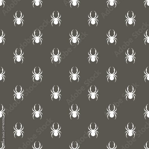 Seamless vector pattern with insects, symmetrical background with white spiders, over dark grey backdrop