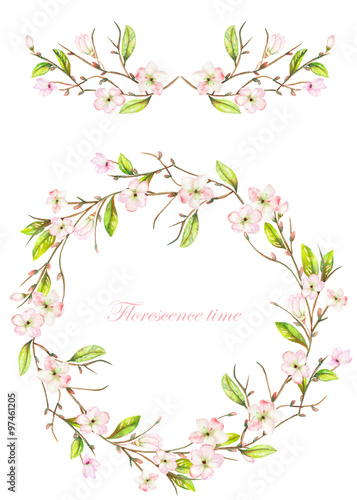 Frame border  garland and wreath of the tender pink blooming flowers and branches with the green leaves painted in a watercolor on a white background  greeting card  decoration postcard or invitation