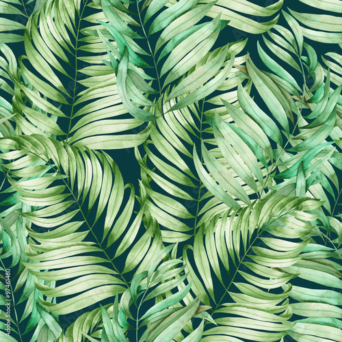 A seamless pattern with the branches of the leaves of a palm painted in watercolor on a dark green background