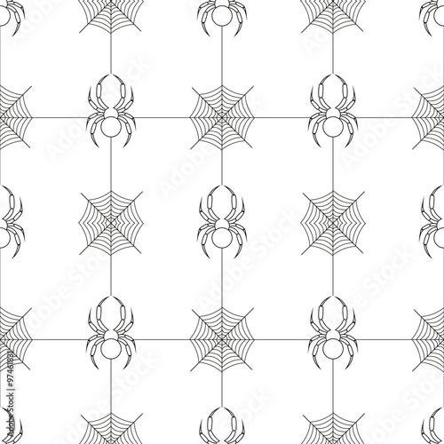 Seamless vector pattern with insects, symmetrical geometric black and white background with spiders and spiders web. Line drawing.