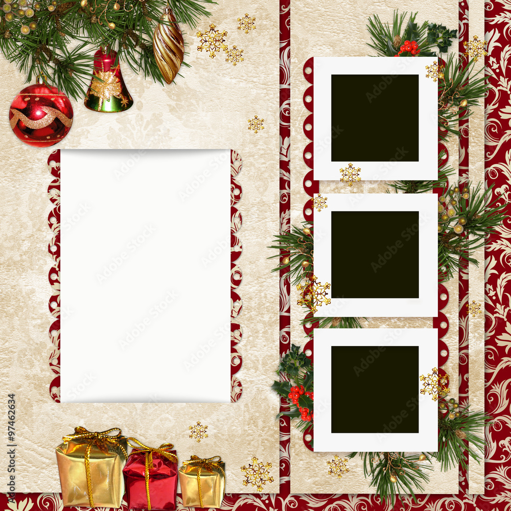 Vintage Christmas background with frame, gifts, pine branches and Christmas  decorations Stock Illustration | Adobe Stock