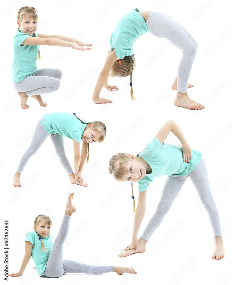 Collage of little girl doing exercises isolated on white