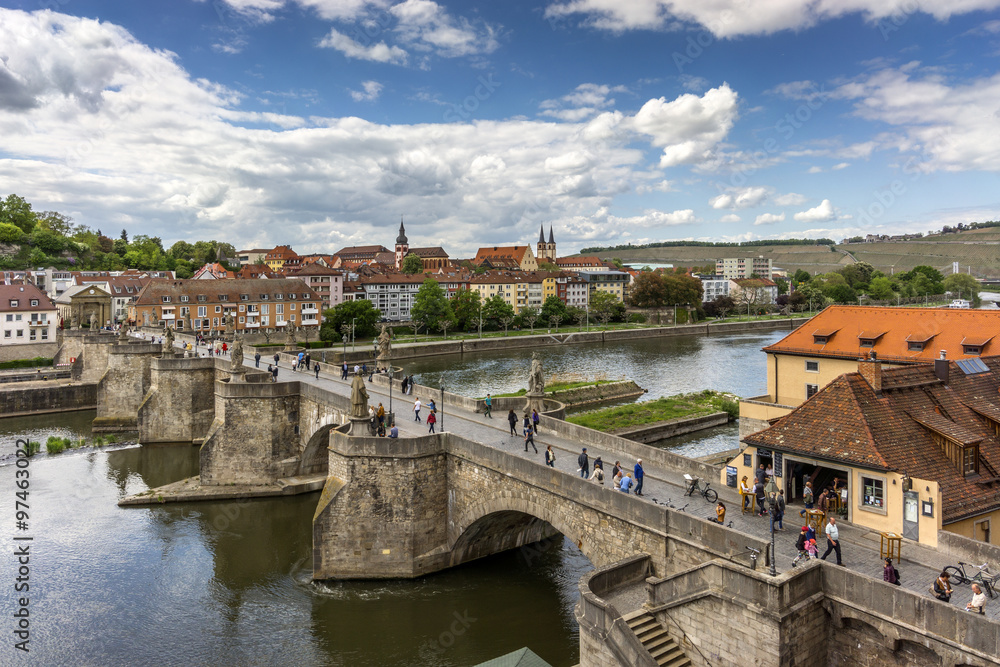 Aerial panoramic view of the historic city of Wurzburg with Alte Mainbrucke, Bavaria, Germany.
