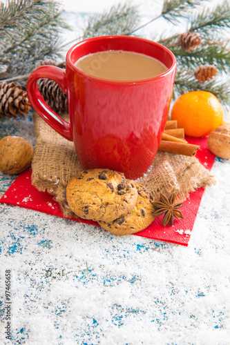 Winter decoration. Composition on wood background.