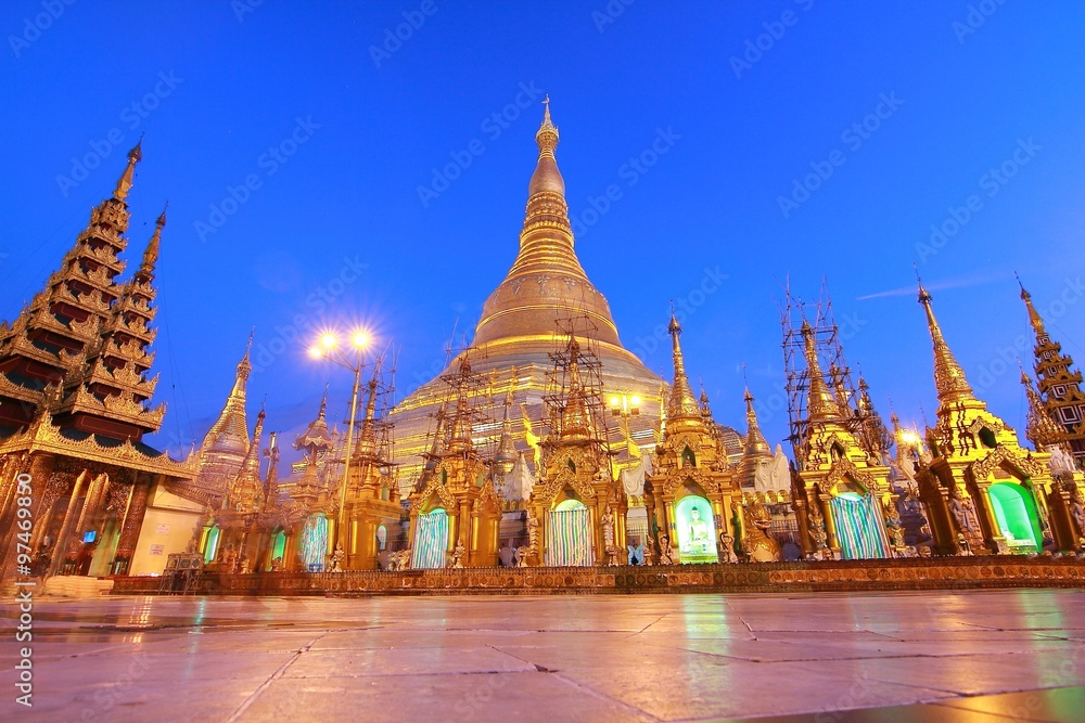  The Shwedagon Pagoda also known as the Great Dagon Pagoda and the Golden Pagoda, is a gilded stupa located in Yangon, Myanmar in twilight time