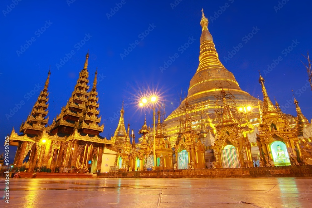  The Shwedagon Pagoda also known as the Great Dagon Pagoda and the Golden Pagoda, is a gilded stupa located in Yangon, Myanmar in twilight time