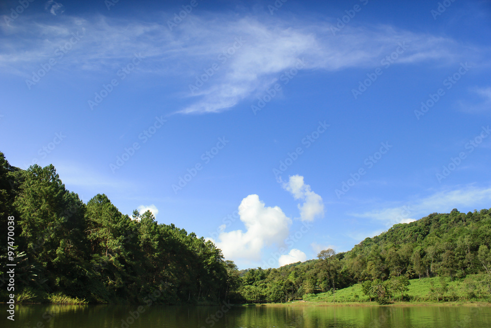 White fluffy clouds in blue sky at pang oung White fluffy clouds in blue sky at pang oung