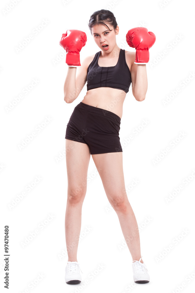 Boxer - fitness woman boxing wearing boxing gloves on white background. Boxer - fitness woman boxing wearing boxing gloves on white background.