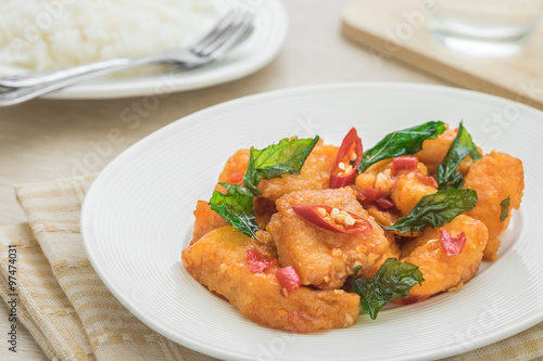 Spicy fried fish with basil and rice (Pad kra prao pla), Thai food style