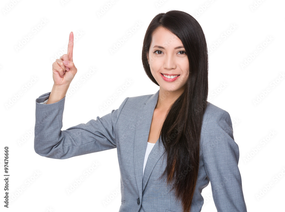 Businesswoman finger point up Businesswoman finger point up