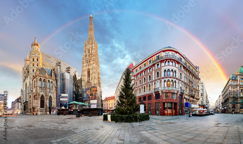 Panorama od Vienna square with rainbow - Stephens cathedral, nob