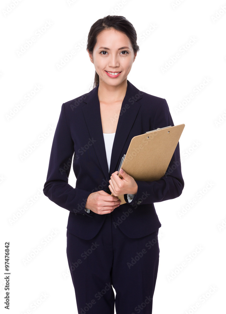 Asian Young Businesswoman hold with clipboard Asian Young Businesswoman hold with clipboard